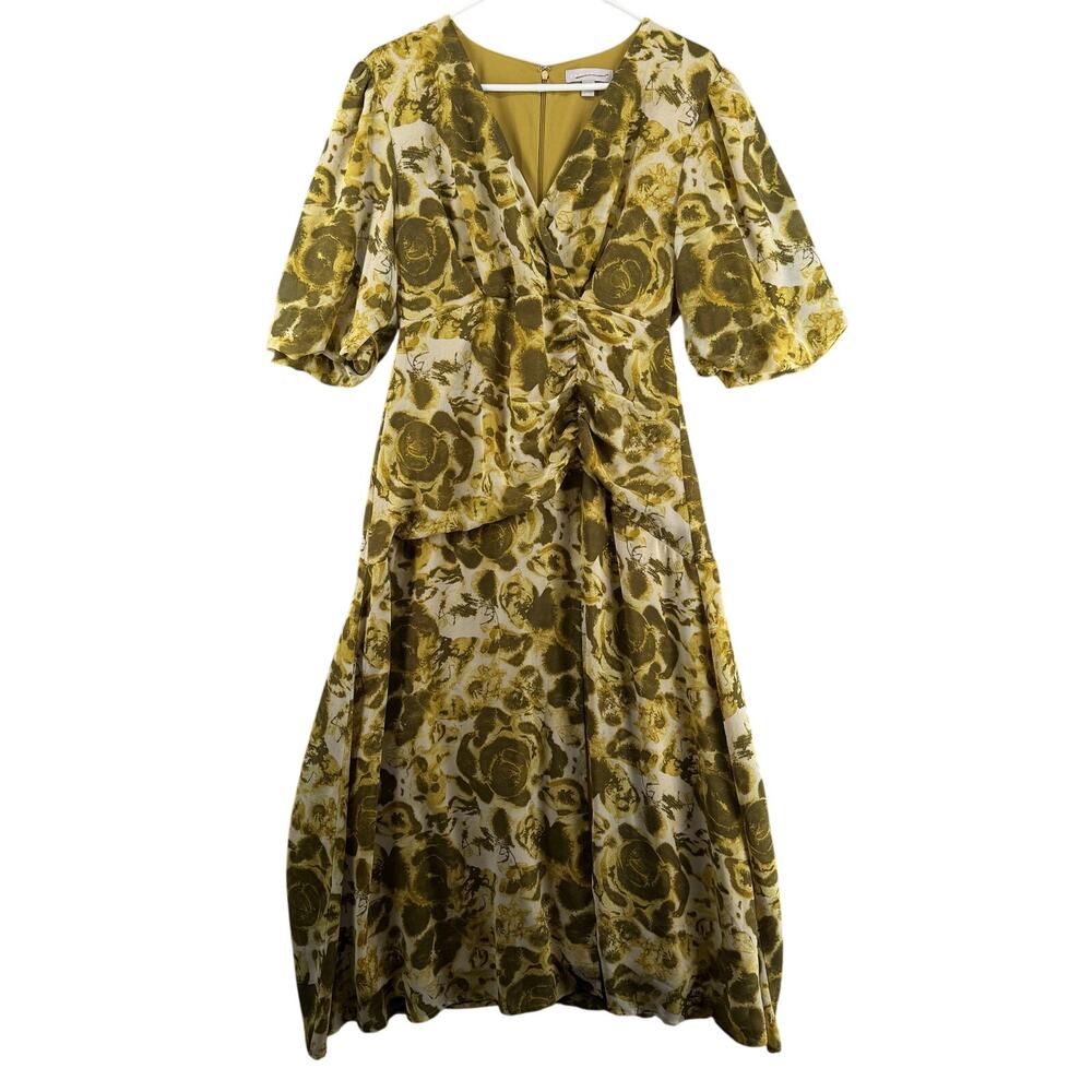 Chelsea 28 Forget Me Not Gathered Waist Midi‎ Dress Womens S Green V Neck